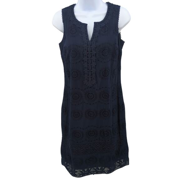 Talbots Navy Eyelet Lace Cotton Shift Dress Womens 4 Petite Resortwear Coastal - Picture 1 of 13